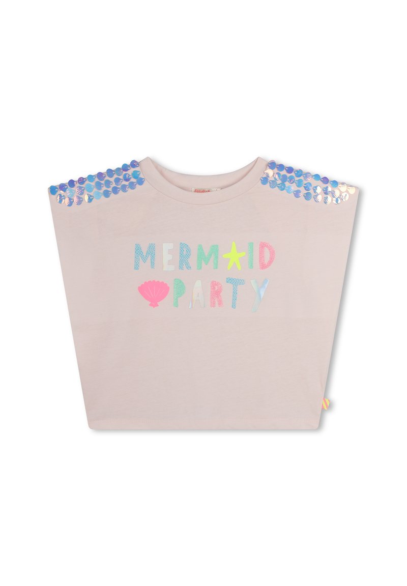 Light pink T-shirt with "MERMAID PARTY" text in colorful letters. Features shimmering blue sequins on the shoulders. Soft cotton material.
