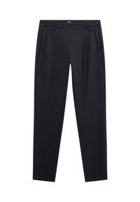 Pantalons noirs à rayures avec une coupe ajustée, présentant un devant plat, deux poches latérales et une fermeture éclair. Texture de tissu lisse.