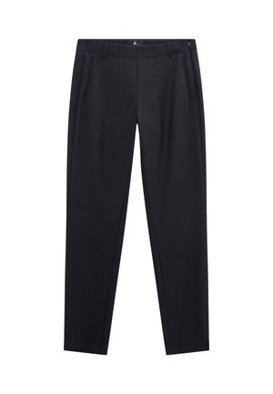 Pantaloni neri a righe con un taglio su misura, caratterizzati da un davanti piatto, due tasche laterali e chiusura con zip. Tessuto dalla consistenza liscia.
