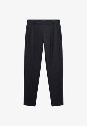 Pantaloni neri a righe con un taglio su misura, caratterizzati da un davanti piatto, due tasche laterali e chiusura con zip. Tessuto dalla consistenza liscia.