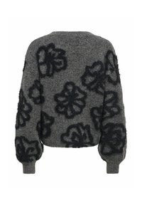 Grauer Strickpullover mit schwarzen, flauschigen Blumenmustern, langen Puffärmel und gerippten Bündchen, von hinten gezeigt.