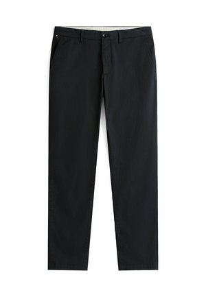 Schwarze Hose mit geradem Bein, aus einem Baumwollgemisch gefertigt. Verfügt über Fronttaschen und einen Knopfverschluss. Glatte Textur.