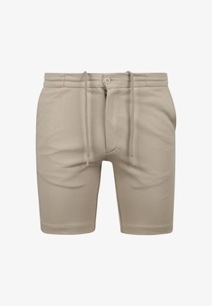 Beige Baumwollshorts mit elastischem Bund, Kordelzug und vorderem Reißverschluss. Flache Nähte und seitliche Taschen. Die Länge reicht bis zur Mitte des Oberschenkels.