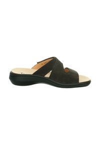 Dunkelgraue Wildleder-Sandalen mit niedrigem schwarzem Keilabsatz und cut-out Design. Offene Zehenpartie mit einer glatten beigen Innensohle.