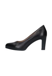 Escarpin noir en cuir à talon haut avec un bout arrondi, au design épuré et à un subtil accent latéral, présentant un talon texturé et une surface lisse.