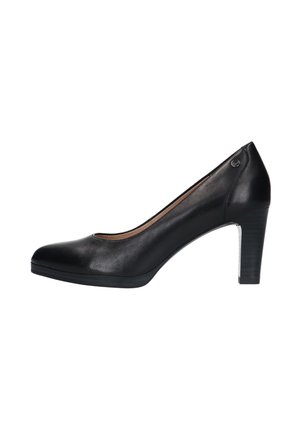 Black leather high-heeled pump with a rounded toe, sleek design, and a subtle side accent, featuring a textured heel and smooth surface.