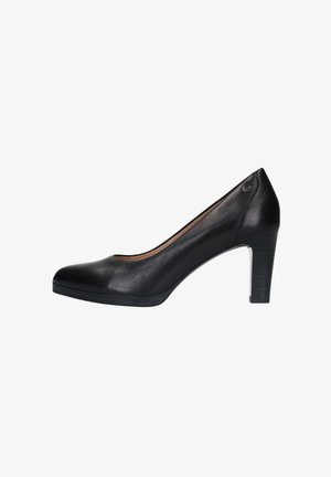 Escarpin noir en cuir à talon haut avec un bout arrondi, au design épuré et à un subtil accent latéral, présentant un talon texturé et une surface lisse.