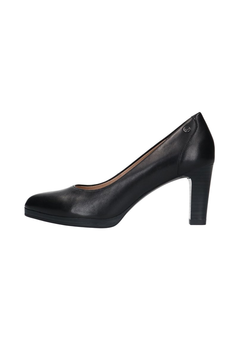 Escarpin noir en cuir à talon haut avec un bout arrondi, au design épuré et à un subtil accent latéral, présentant un talon texturé et une surface lisse.