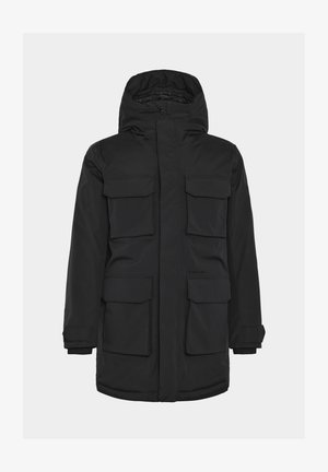 Zwarte geïsoleerde parka met een capuchon, voorzien van vier grote voorzakken, een ritssluiting en polsbanden voor een veilige pasvorm. Gladde, matte textuur.