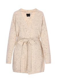 Cardigan avvolgente beige con scollatura a V, maniche lunghe, cintura con fiocco e una texture maculata con macchie nere e grigie.