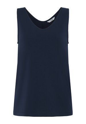 Mørkeblå, ærmeløs dame-top med rund halsudskæring og lige kant forneden.
