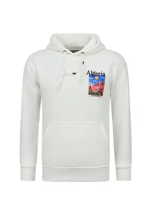 Witte capuchonsweatshirt met voorvak, met een kleurrijke Algerijnse stadsgezichtgrafiek en tekst op de linker bovenborst.