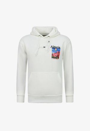 Witte capuchonsweatshirt met voorvak, met een kleurrijke Algerijnse stadsgezichtgrafiek en tekst op de linker bovenborst.