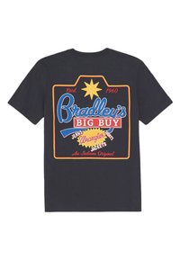 Black cotton t-shirt featuring a colorful graphic print with "Bradley's Big Buy" text, star, and product categories. Short sleeves, crew neck.