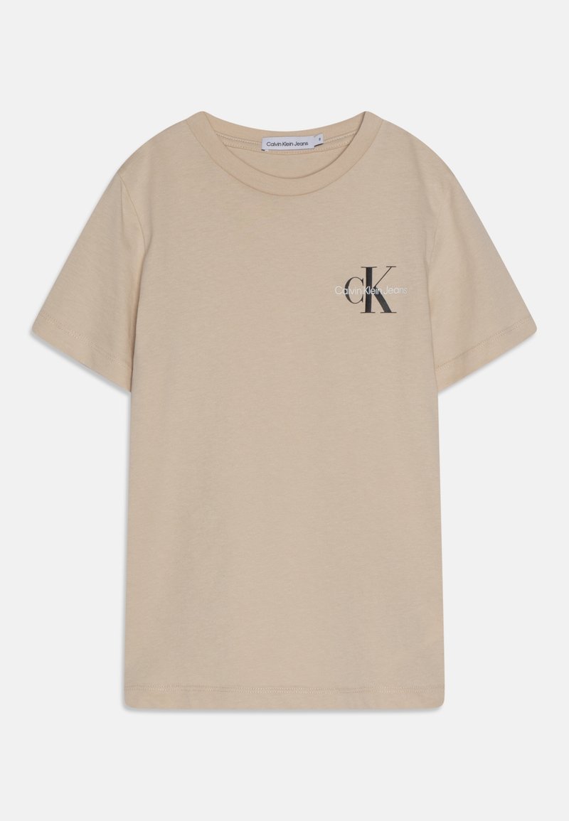 Beżowa bawełniana koszulka z okrągłym dekoltem, krótkim rękawem i nadrukowanym logo na piersi dla prostego, nowoczesnego designu.