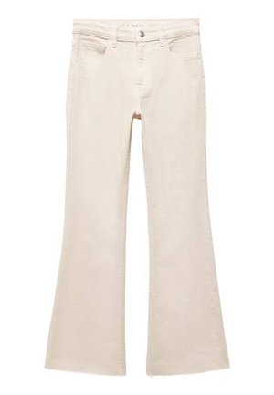 Jean en denim crème évasé avec cinq poches, bouton et fermeture éclair à l'avant, et une finition douce légèrement texturée.