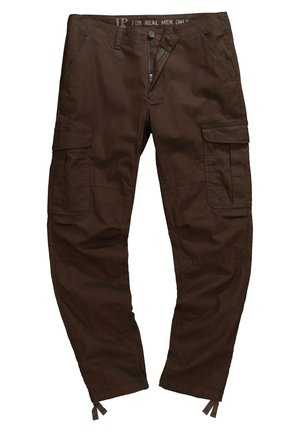 Brune cargo bukser med lynlås, knaplukning og flere sidelommer; lavet af slidstærkt stof med justerbare manchetter ved anklerne.