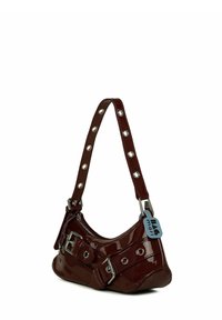 Burgundy patent leather handbag with a curved shape, studded strap, silver hardware, and a blue tag detail. Features slight texture and accents.