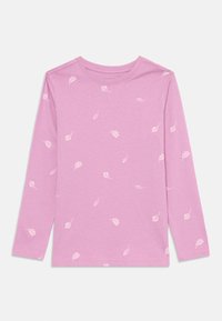 Μακριά μανίκια μπλούζα από ελαφρύ ροζ βαμβάκι, με scattered leaf σχέδιο σε ανοιχτό ροζ, με λαιμόκοψη τύπου crew και ευθεία τελείωση.