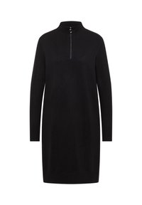 Abito nero in maglia con colletto alto, chiusura a zip 1/4, texture a coste, maniche lunghe e silhouette dritta. Senza fantasie o decorazioni.