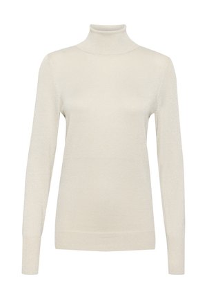 Lys beige turtleneck sweater lavet af ribstrikket stof, med lange ærmer og en figursyet design med en subtil glans.