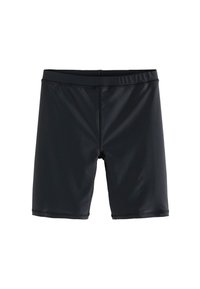 Shorts de bain noirs en tissu extensible et lisse. Dotés d'une taille élastique et d'une coupe ajustée, idéaux pour les activités aquatiques.