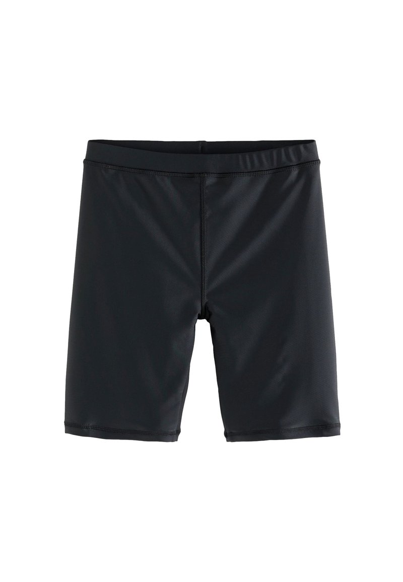 Shorts de bain noirs en tissu extensible et lisse. Dotés d'une taille élastique et d'une coupe ajustée, idéaux pour les activités aquatiques.