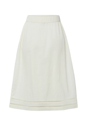 Weißer knielanger Rock mit elastischem Bund und dekorativen horizontalen Cut-out-Streifen nahe dem Saum.