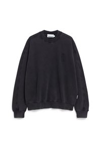 Black cotton sweatshirt with a crew neck, long sleeves, and ribbed cuffs. Features a subtle embroidered design on the chest.