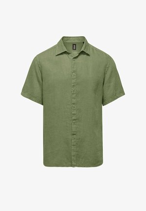 Chemise à manches courtes en lin vert olive, avec un devant à boutons, un col et une coupe décontractée avec une texture lisse.