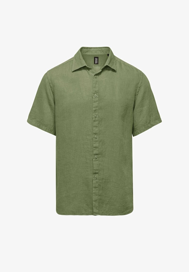 Koszula z krótkim rękawem w oliwkowym lnianym materiale, z zapięciem na guziki z przodu, kołnierzykiem i luźnym krojem o gładkiej fakturze.