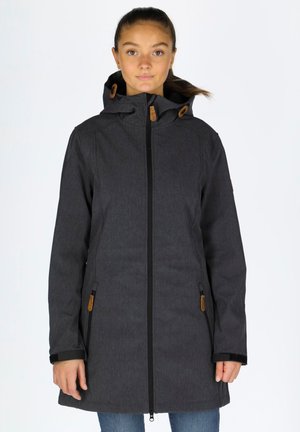Graue Outdoor-Jacke mit Kapuze, Reißverschluss und sandfarbenen Akzenten. Hergestellt aus strukturiertem Material, mit zwei seitlichen Taschen mit Reißverschluss.
