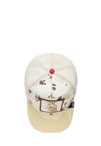 Beige cap with a textured mesh back, featuring a colorful ice cream cone graphic and brown splatter pattern on the front. Red button on top.