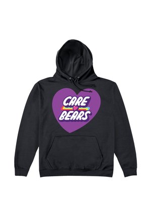Sort hættetrøje med et stort lilla hjertegrafik og "CARE BEARS" skrevet i hvid tekst. Inkluderer en frontlomme og justerbar hætte.