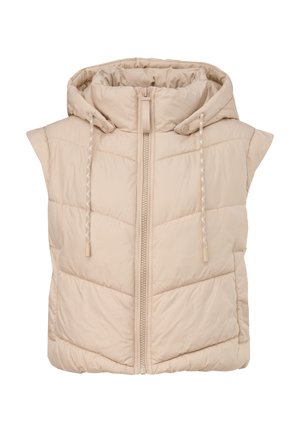 Puchowy bezrękawnik w jasnym beżu. Posiada wysoki kołnierz, zamek błyskawiczny z przodu oraz regulowane sznurki. Teksturowany, pikowany wzór.