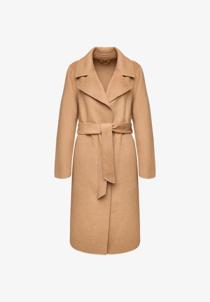 Beige wool overcoat with a tailored collar, long sleeves, and a tied belt. It features a straight cut and soft texture for warmth.