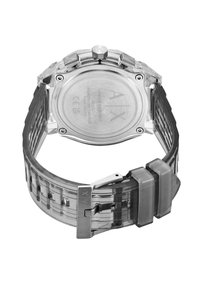 Montre en plastique transparent avec un dos en acier inoxydable, présentant une grande forme ronde, un bracelet texturé et des accents argentés sur la boucle.