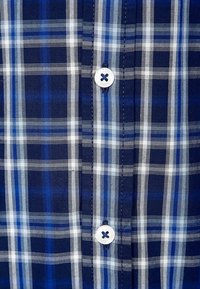 Camicia a quadri blu con una combinazione di linee orizzontali e verticali in navy, azzurro chiaro e bianco, con chiusura a bottoni e tessuto testurizzato.