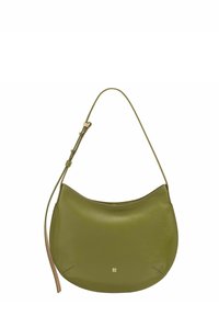 Borsa a mano in pelle verde oliva con forma arrotondata, tracolla regolabile e logo dorato discreto sul davanti. Texture liscia senza hardware visibile.