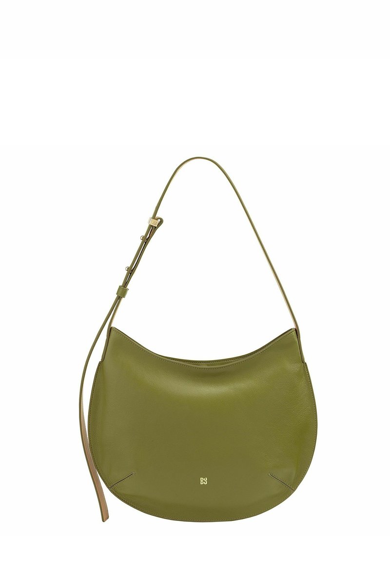 Borsa a mano in pelle verde oliva con forma arrotondata, tracolla regolabile e logo dorato discreto sul davanti. Texture liscia senza hardware visibile.