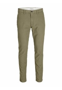 Chinos in cotone verde oliva con vestibilità slim, chiusura a pulsante, tasche frontali e una texture liscia. Design pulito con dettagli minimi.