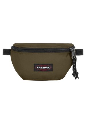 Banane Eastpak vert olive avec fermeture éclair noire, cordons noirs et écusson logo au centre devant.