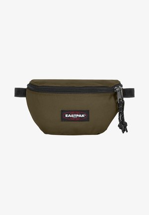 Banane Eastpak vert olive avec fermeture éclair noire, cordons noirs et écusson logo au centre devant.