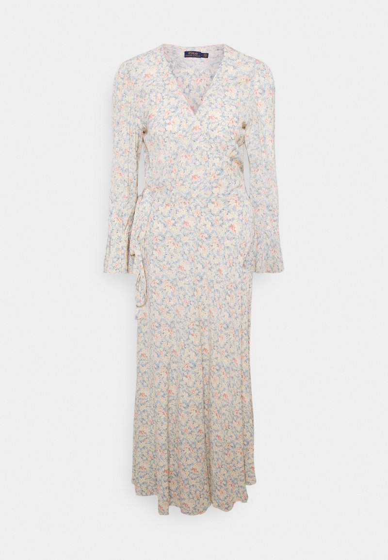 Blommig omslagsklänning med långa ärmar, ljusblå bakgrund, rosa och gröna mönster, V-ringning, knytning i midjan, svävande nederkant.