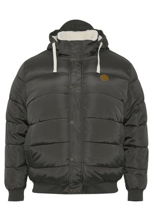 Jachetă puffer de culoare gri închis, dotată cu o glugă cu șnururi ajustabile, cu capse și manșete ribbate. Interiorul căptușit cu material moale.