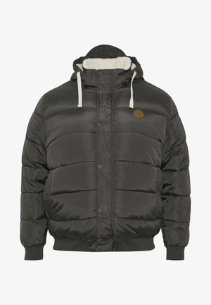 Donkere grijze pufferjack met een capuchon met verstelbare koordjes, drukknoopsluitingen en ribgebreide manchetten. Voering aan de binnenkant van zachte materialen.