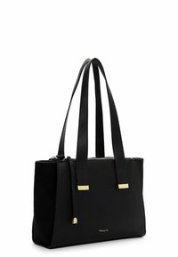 Borsa tote nera in pelle con doppie maniglie, dettagli dorati, superficie liscia e chiusura con zip. Forma rettangolare compatta.