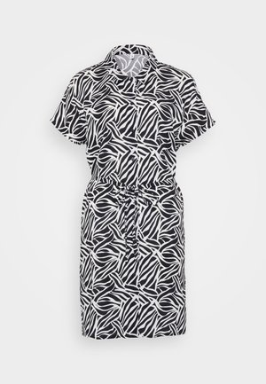 Krátké rukávy, černobílé šaty s vlnitým zebřím vzorem, design s límečkem a stahovací pas pro nastavitelný střih.