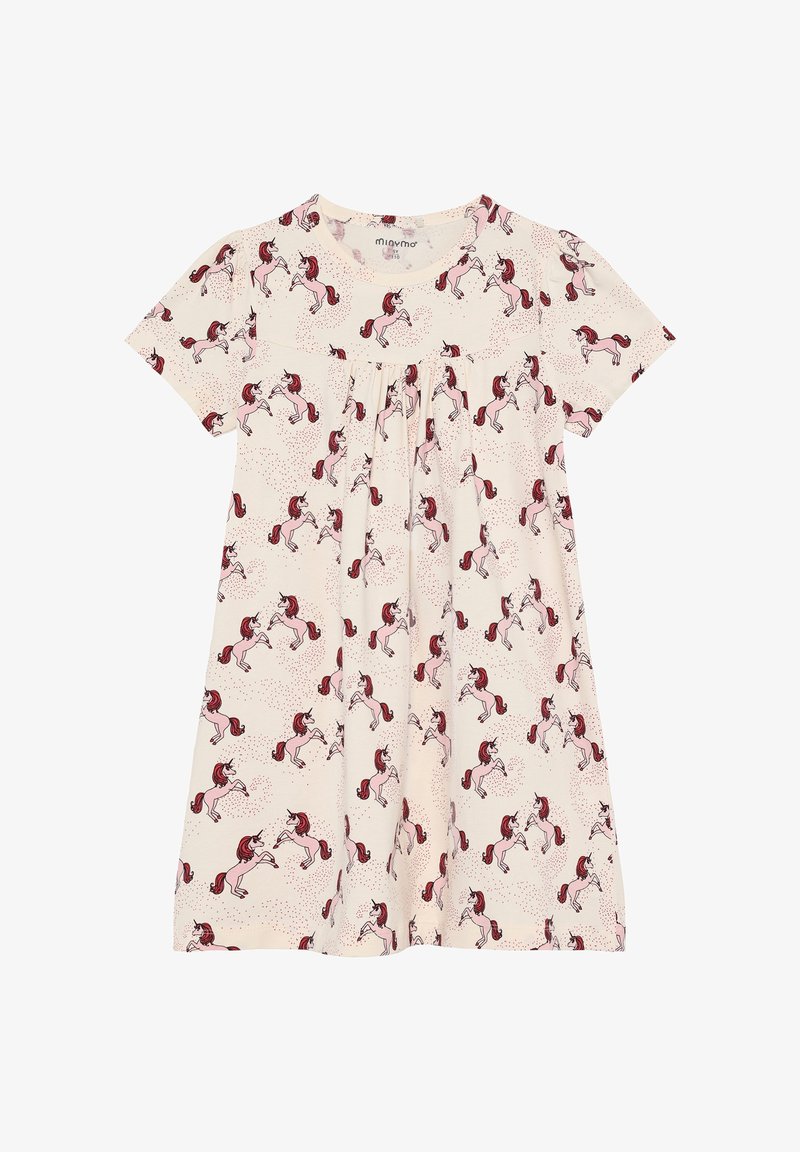 Vestido de manga corta para niños con estampado de unicornios rosa y crines rojas sobre un fondo crema.