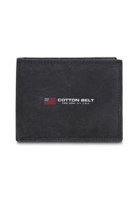 Portafoglio in pelle nera dalla texture liscia, con il logo "COTTON BELT" e un piccolo disegno della bandiera americana sulla parte anteriore.